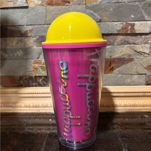 Starbucks Pink and Yellow Frappuccino Drink bottle with lid and metallic accents